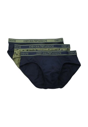 Tri-pack di slip per uomo realizzati in cotone, disponibili in blu navy e verde oliva, con cintura elastica decorata con il logo "Emporio Armani" e texture liscia.