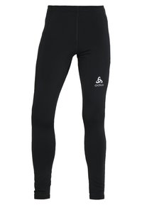 Schwarze Sportleggings mit glatter Textur, die sich durch ein figurbetontes Design und ein auffälliges weißes Odlo-Logo im linken Hüftbereich auszeichnen.