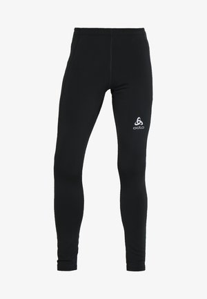 Black athletic leggings with a smooth texture, featuring a fitted design and a prominent white Odlo logo on the left hip area.