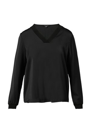 Black long-sleeve blouse with a V-neckline, made of smooth fabric, featuring a relaxed fit and elastic cuffs. No visible patterns or accents.