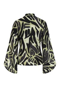 Blusa nera e verde oliva con motivo a fantasia e maniche a campana, caratterizzata da un design astratto e una texture di tessuto liscia. È mostrata la vista da dietro.