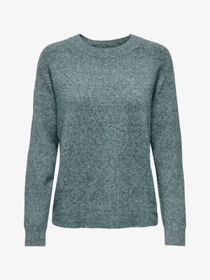 Pulover verde din material tricotat; decolteu rotund, mâneci lungi și finisaj texturat cu un ușor model în nuanțe melanj.