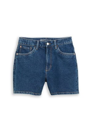 Blue denim shorts with front pockets, belt loops, and a button closure, labeled "DENIM TOM TAILOR" on the inner waistband.