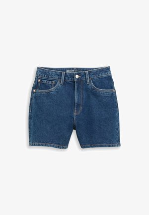 Niebieskie krótkie spodenki z denimu z przednimi kieszeniami, szlufkami na pasek i zapięciem na guzik, z napisem „DENIM TOM TAILOR” na wewnętrznym pasie.