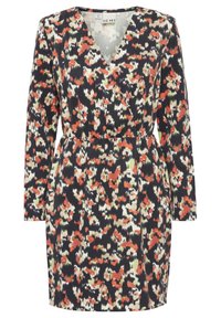 Robe noire à manches longues, décolleté en V et taille cintrée. Présente un motif abstrait coloré en rouge, blanc et vert. Texture de tissu douce.
