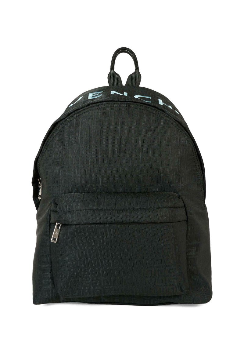 Zaino nero con motivo geometrico testurizzato, una grande tasca frontale con cerniera e una maniglia superiore. Logo stampato sulla parte superiore.