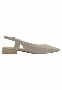 Pointed-toe, slingback shoe in light gray textured material. Features a low block heel and adjustable strap with a metallic buckle.