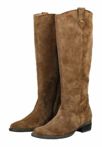 Stivali al ginocchio in suede marrone con zip laterale, punta rotonda, tacco basso in legno e cuciture decorative lungo il gambale.