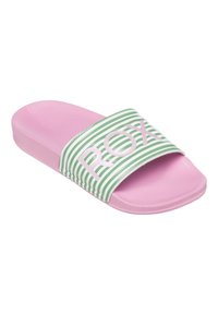 Rosa slide-sandal med ett grönt och vitt randigt rem som har ordet "ROXY" i rosa. Tillverkad av gummimaterial med texturerad yta.