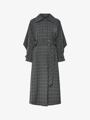 Gray plaid coat with wide collar, long sleeves, and belt. Features a silver ring accent on the belt and a relaxed silhouette.