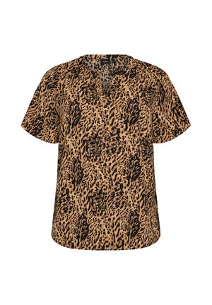 Short-sleeve blouse with brown and black leopard print pattern and a small buttoned V-neck collar.