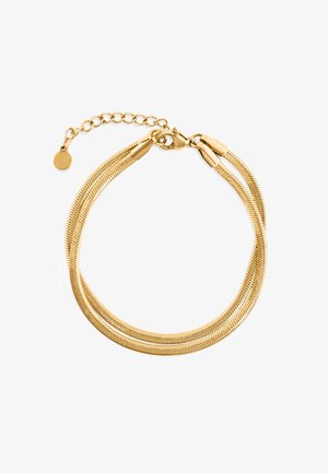 Arany karkötő, két összefonódó lánccal, texturált mintával, állítható hosszúsággal és egy kis kör alakú medállal díszített kapoccsal.