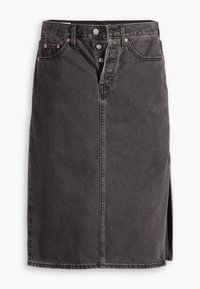 Svart denimkjol med framknäppning, två fickor, en lätt sidospalt och standardstickning.