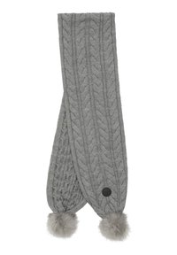 Écharpe grise en tricot avec motif en arête de poisson, ornée de deux pompons en peluche aux extrémités et d'une étiquette en tissu noir avec logo d'un côté.