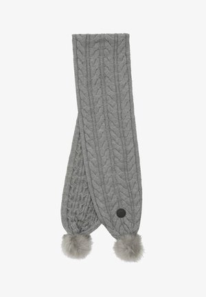 Écharpe grise en tricot avec motif en arête de poisson, ornée de deux pompons en peluche aux extrémités et d'une étiquette en tissu noir avec logo d'un côté.