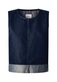 Üksikaelusega tumehall denimpüüks, millel on läikiv tekstuur ja hõbedane metallist äär. Omab ringikujulist kaelust ja kesksel seam.