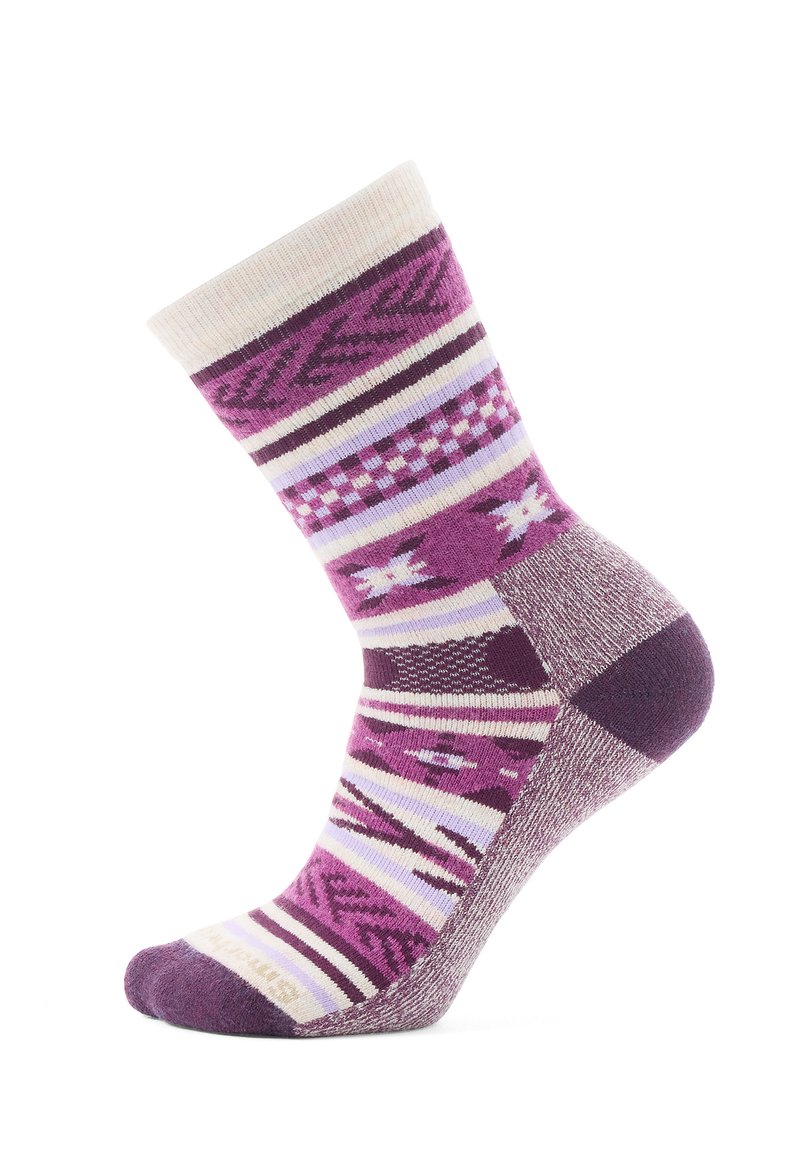 Lilla og creme mønstret sok med forskellige geometriske designs, blødt materiale og kontrasterende farver på tå, hæl og rib.