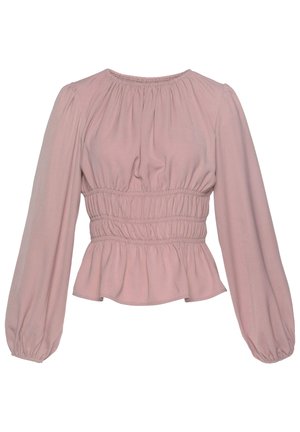 Blouse rose clair à manches longues avec taille froncée élastique, encolure ronde, manches bouffantes et ourlet légèrement évasé style peplum.