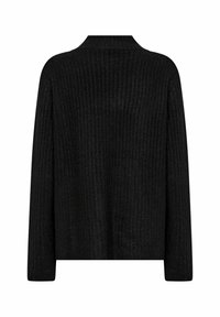 Černý pletený svetr s dlouhými rukávy, s texturovaným vzorem a nízkým límcem. Jednoduchý design s otevřeným předním dílem.