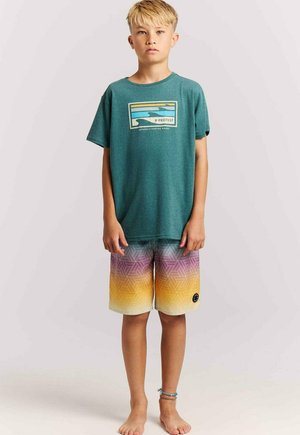 Jongen staat blootsvoets, draagt een teal T-shirt met afbeelding en paarse, roze en gele gradient shorts met geometrisch patroon tegen een effen achtergrond.