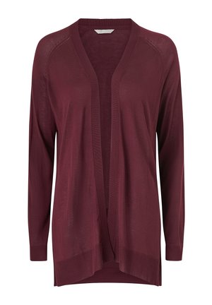 Burgunderfarbener Cardigan mit offenem Frontbereich, langen Ärmeln, geripptem Saum und leichter Textur. Verfügt über eine lockere Passform und einen subtilen Glanz.