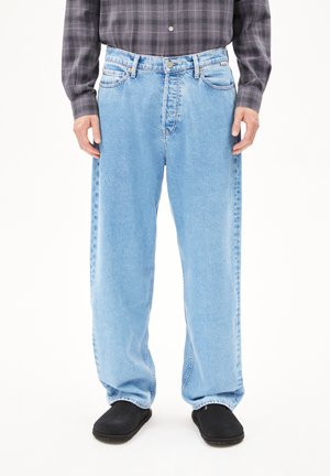 Light blue denim jeans with a relaxed fit, featuring a button closure, five pockets, and subtle whiskering near the thighs.
