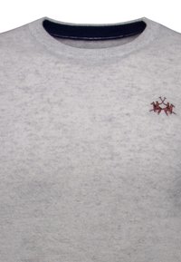 Maglione grigio chiaro realizzato in un tessuto morbido con una leggera texture, caratterizzato da un collo rotondo a costine e un logo ricamato in bordeaux.