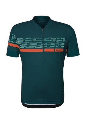 Dunkelgrünes, kurzärmeliges Radtrikot mit Frontreißverschluss, hellblauem abstraktem Streifen und orangefarbenem horizontalem Band mit "Ziener"-Logo auf der Brust.