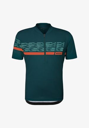 Dunkelgrünes, kurzärmeliges Radtrikot mit Frontreißverschluss, hellblauem abstraktem Streifen und orangefarbenem horizontalem Band mit "Ziener"-Logo auf der Brust.
