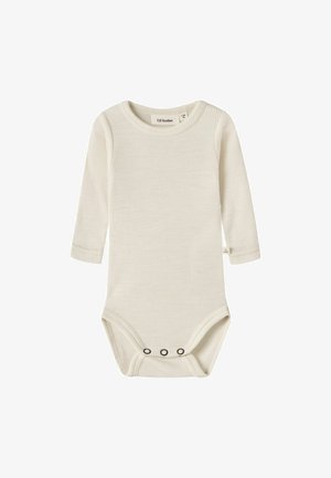 Langärmeliger cremefarbener Baby-Body mit Rippstruktur, drei Druckknöpfen am unteren Rand und rundem Halsausschnitt.
