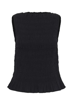 Haut noir sans manches avec texture froncée et ourlet légèrement évasé, avec un col large et droit et une silhouette ajustée.