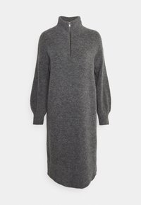 Robe en tricot grise avec col haut, fermeture éclair et manches ballon. Dotée de poignets et d'ourlet côtelés pour plus de texture et de chaleur.