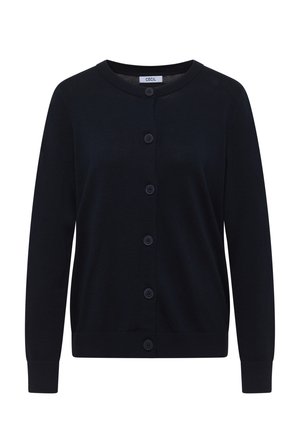 Cardigan nero a maniche lunghe con scollo rotondo e sei bottoni frontali, polsini e orlo a coste, con etichetta "CECIL".