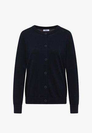 Schwarzer Langarm-Cardigan mit rundem Ausschnitt und sechs vorderen Knöpfen, gerippte Bündchen und Saum, mit dem Etikett "CECIL".