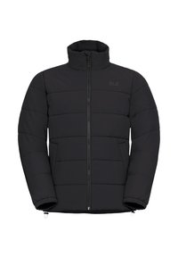 Giacca imbottita nera con colletto alto, texture a quadri orizzontali, tasche laterali e chiusura con zip frontale. Logo sul lato sinistro superiore.