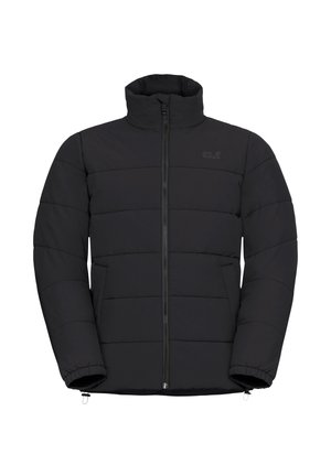 Schwarze gepolsterte Jacke mit hohem Kragen, horizontaler Steppstruktur, Seitentaschen und einem Reißverschluss vorne. Logo auf der oberen linken Seite.