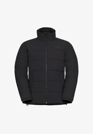 Giacca imbottita nera con colletto alto, texture a quadri orizzontali, tasche laterali e chiusura con zip frontale. Logo sul lato sinistro superiore.