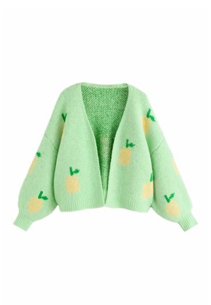 Minzgrüner Cardigan mit Ballonärmeln und gelben Ananasmustern. Weiche Textur, offene Vorderseite und gerippte Bündchen.