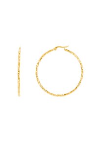 Gli orecchini a cerchio in oro presentano un design intrecciato con una finitura lucida. Sono circolari e dotati di una chiusura a gancio sicura per un facile utilizzo.