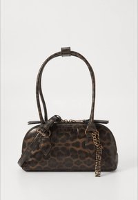 Brown leopard print handbag with a smooth texture, short handles, and a chain accent. Features a zipper closure and brand logo on the front.