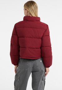 Donna che indossa un giubbotto imbottito rosso e jeans cargo grigi, vista da dietro su uno sfondo bianco semplice.