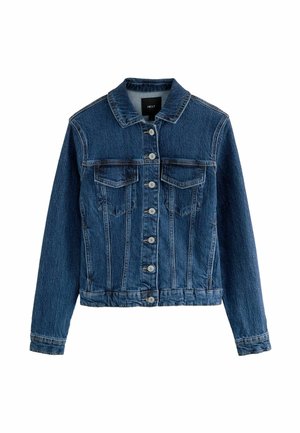 Denimjacket, donkerblauw, knoopsluiting aan de voorkant, twee borstzakken, kraag, lange mouwen, gestructureerd oppervlak, verkorte zoom.
