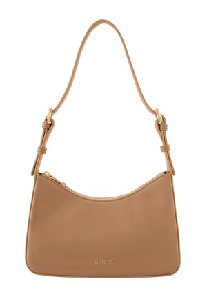 Tan leather shoulder bag with adjustable strap, zipper closure, and small gold logo embossed near the bottom center.