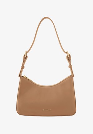 Tan leather shoulder bag with adjustable strap, zipper closure, and small gold logo embossed near the bottom center.