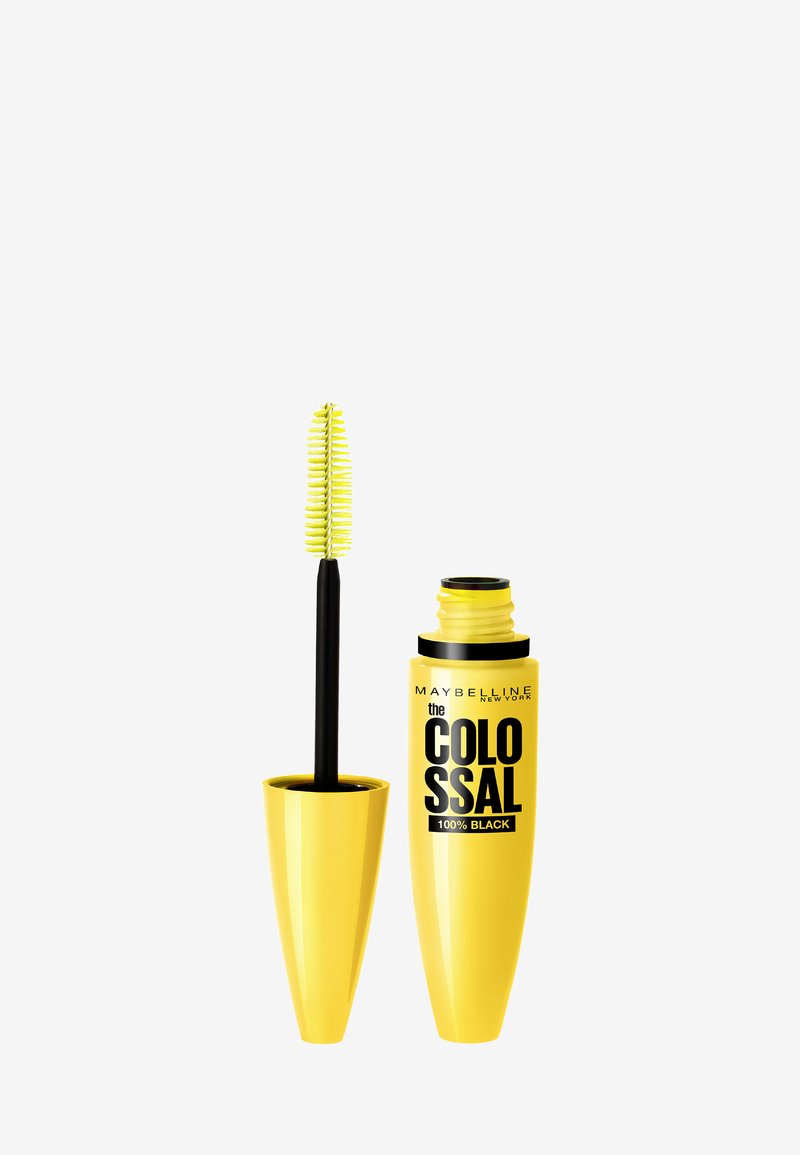 Maybelline Colossal mascara in een gele tube met zwarte letters. Het applicatortje heeft een groene, geribbelde borstel voor volume.