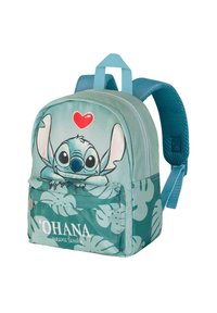 Mochila azul verdosa con un personaje de dibujos animados con grandes orejas, un corazón y patrones de hojas de palma; incluye un bolsillo delantero y correas ajustables.