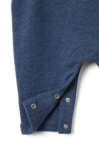 Dunkelblauer Baumwoll-Body mit strukturierter Oberfläche, ausgestattet mit silbernen Druckknöpfen an den Beinausschnitten und einem abgerundeten Rückenschnitt.