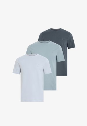Three t-shirts displayed: light gray, light blue, and dark blue. Short sleeves, round necklines, and small logo on the chest. Cotton material.