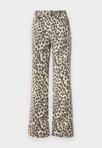 Leopardmønstrede denimbukser med høj talje, lys tan-bund og mørkebrune pletter; flared ben-design; robust stof med en blød tekstur.