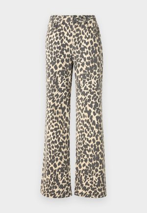 Spodnie dżinsowe w lamparcie cętki z wysokim stanem, jasnobeżową bazą i ciemnoczesnymi plamami; fason dzwonów; solidny materiał o miękkiej teksturze.